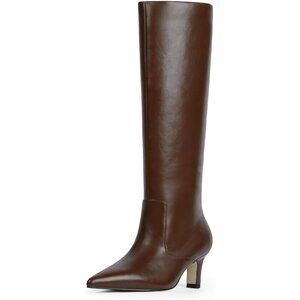Women's Chocolate Pu Pointed Toe Kitten Low Heel Faux Leather Fall Long Boots